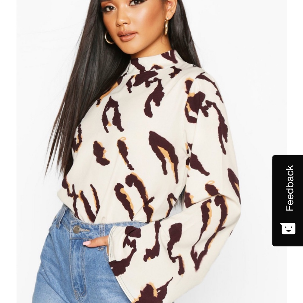 Leopard high neck flare sleeve bodysuit